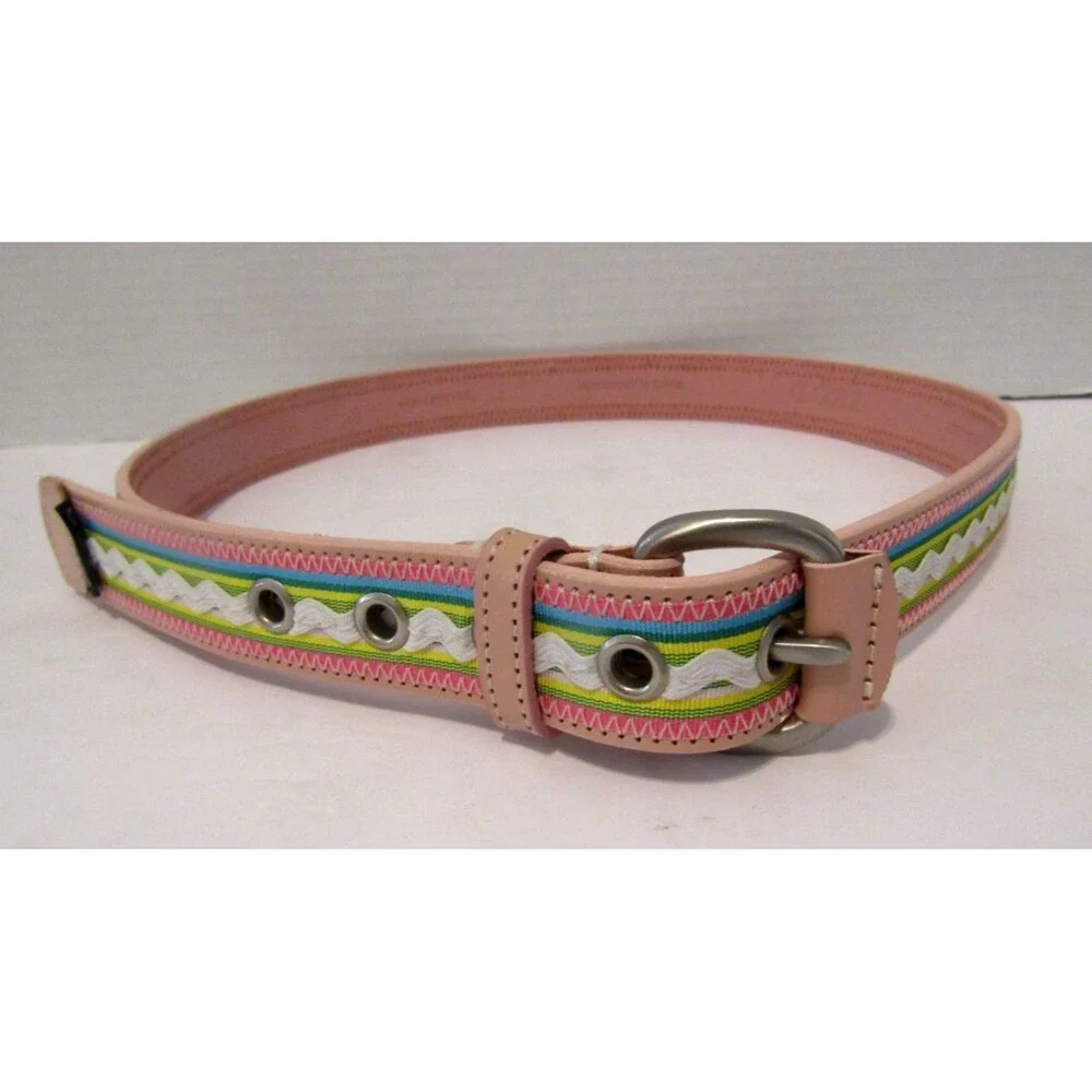 Vintage Izod Pastel Ribbon Leather Belt Pink Rickrack Y2K Preppy 2000s Size M